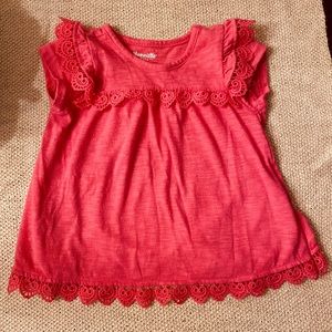 Bright pink ruffled shirt with floral pants/shorts